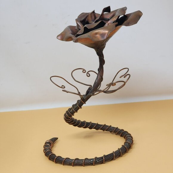 Vintage Handcrafted Antique Copper Finish Metal Rose Sculpture Art Piece - Picture 2 of 10